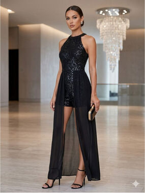 Women's Windsor Black Sequin Lace Maxi Romper M